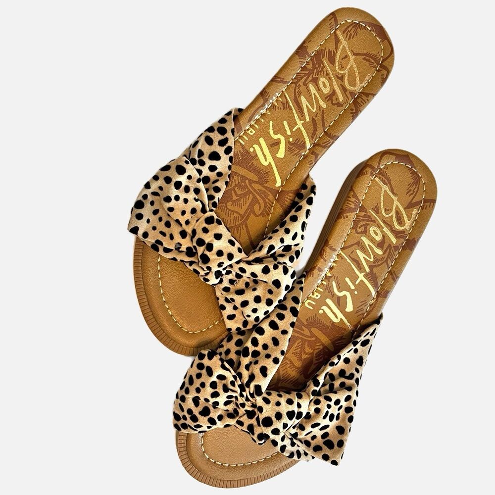 Blowfish Malibu Tan Leopard Spots Bow tie Slide On Sandals Size 7.5